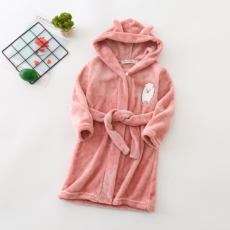 Kids flannel bathrobe in pink, gray, white, and beige with cute bear print and cozy hood.