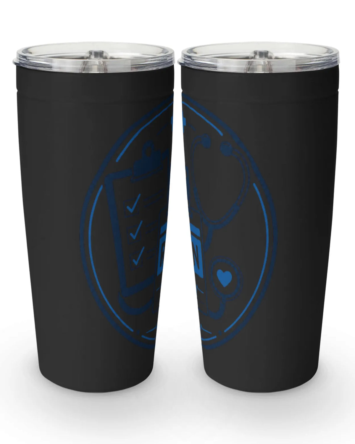 RN tumbler 20 oz featuring RN badge, stethoscope, and clipboard graphics on a white stainless steel design.