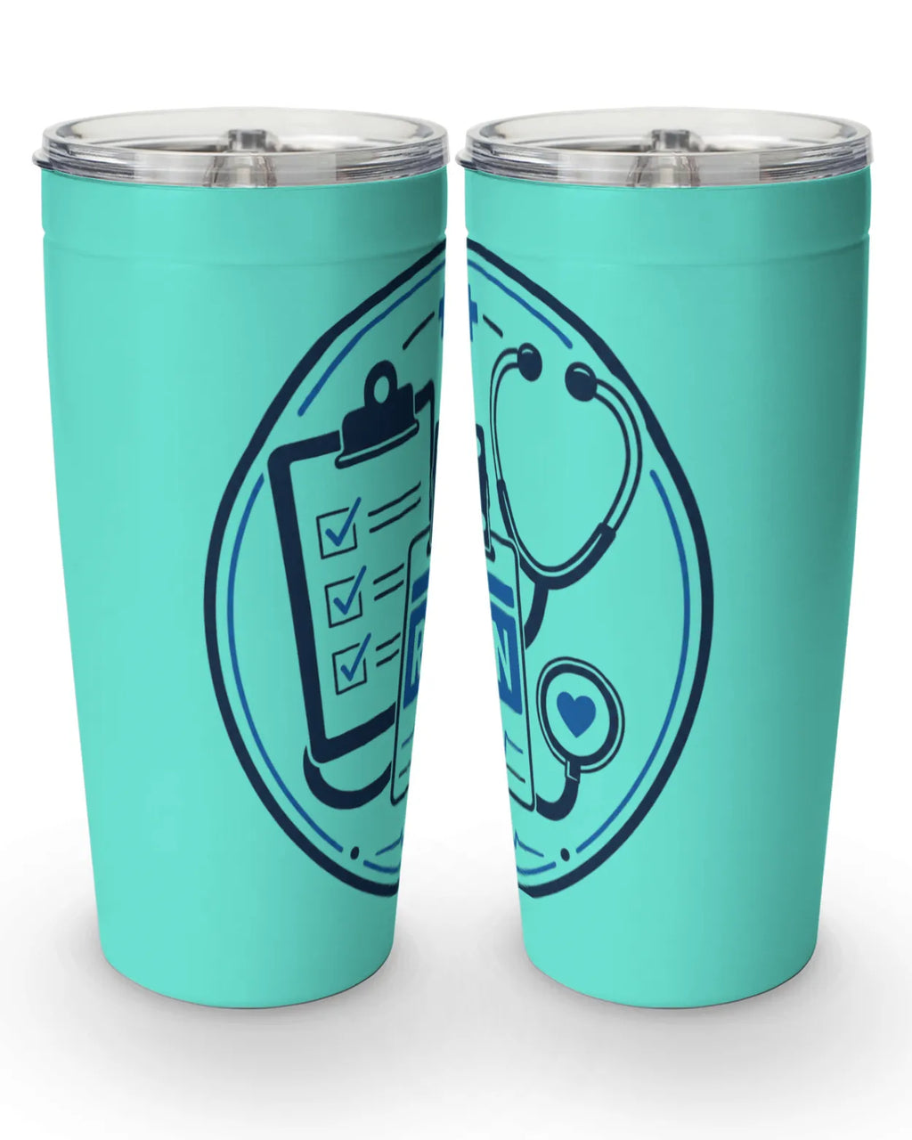 RN tumbler 20 oz featuring RN badge, stethoscope, and clipboard graphics on a white stainless steel design.