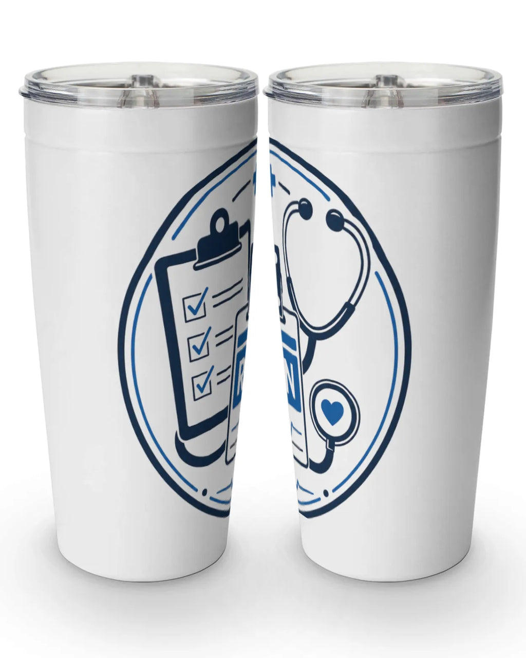 RN tumbler 20 oz featuring RN badge, stethoscope, and clipboard graphics on a white stainless steel design.