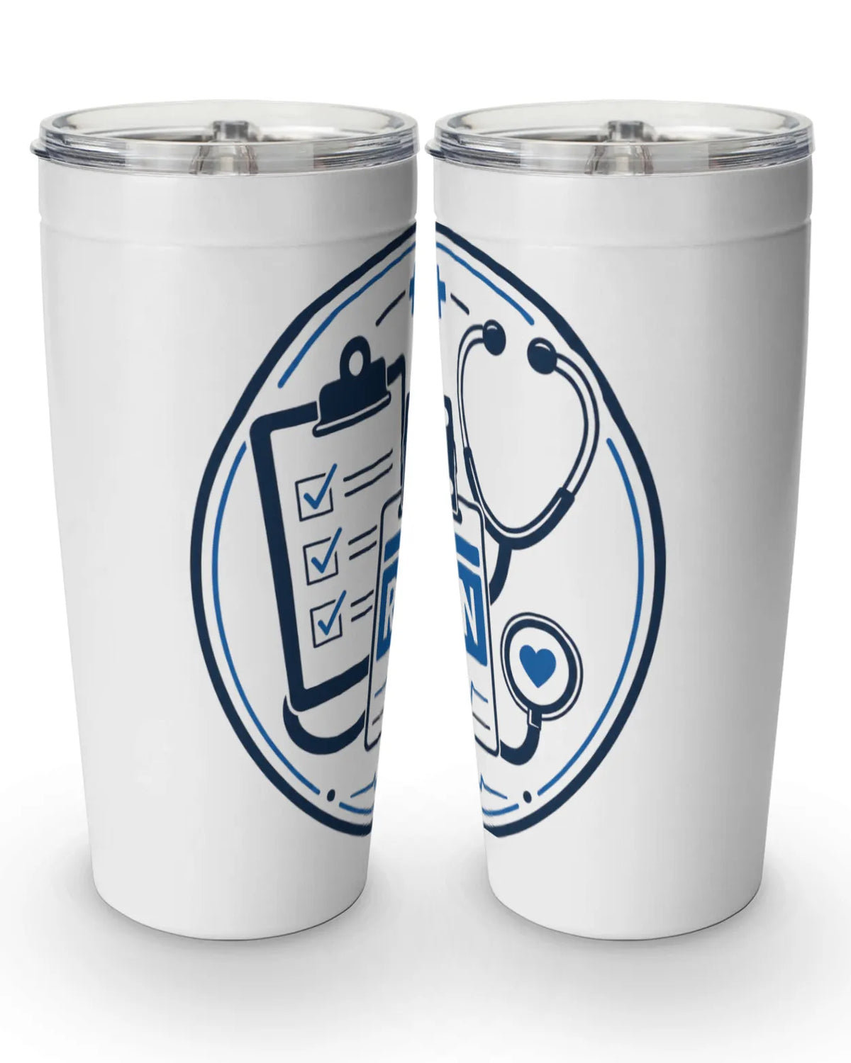 RN tumbler 20 oz featuring RN badge, stethoscope, and clipboard graphics on a white stainless steel design.