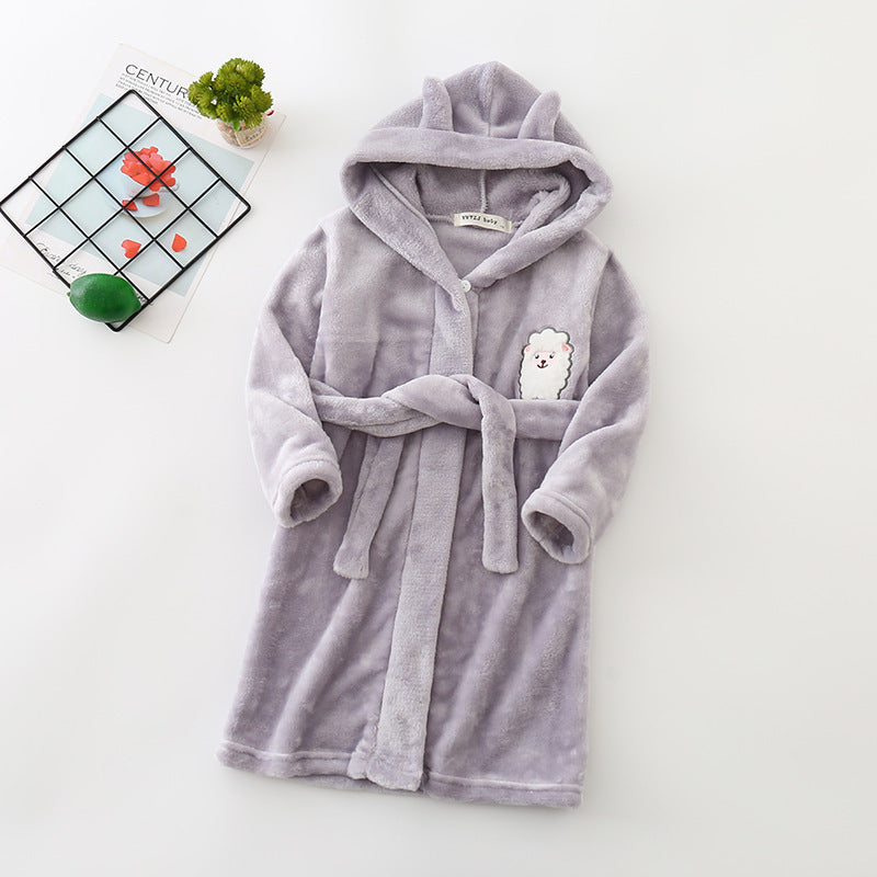 Kids flannel bathrobe in pink, gray, white, and beige with cute bear print and cozy hood.
