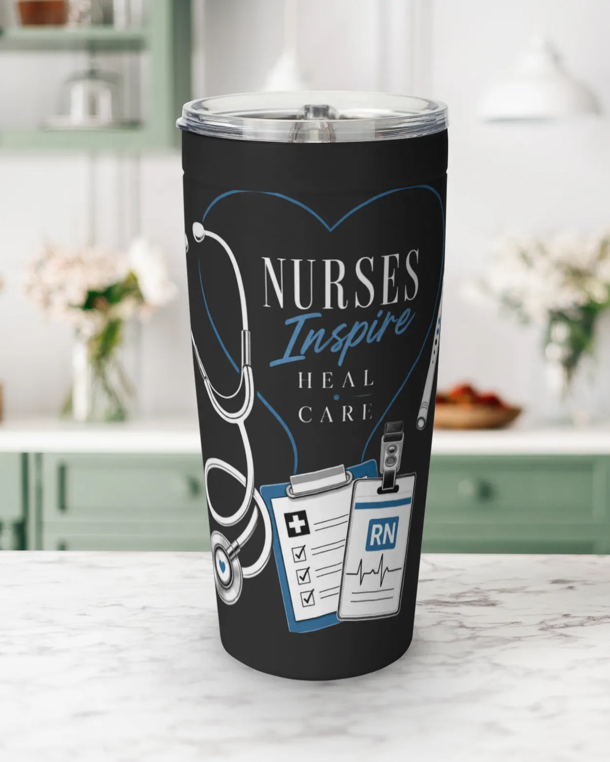 Nurse tumbler 20 oz with the full-wrap Nurses Inspire Heal Care design, stethoscope, clipboard, and RN badge.