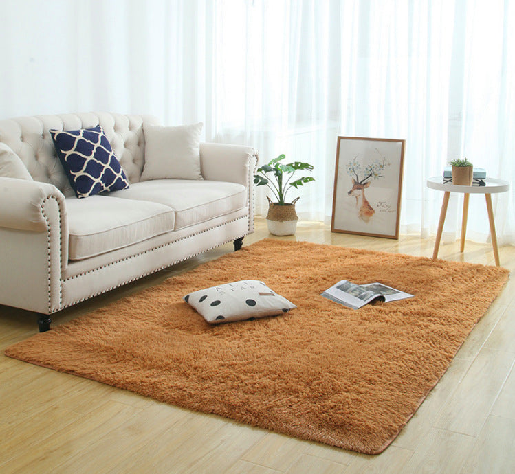 Long plush shaggy rug texture close-up,