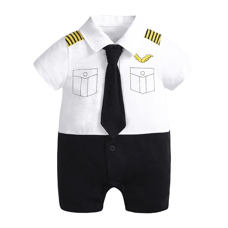 Baby gentleman romper featuring short sleeves, a collared design,