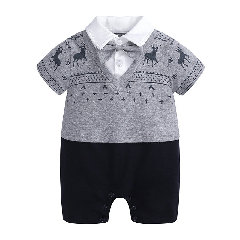 Baby gentleman romper featuring short sleeves, a collared design,