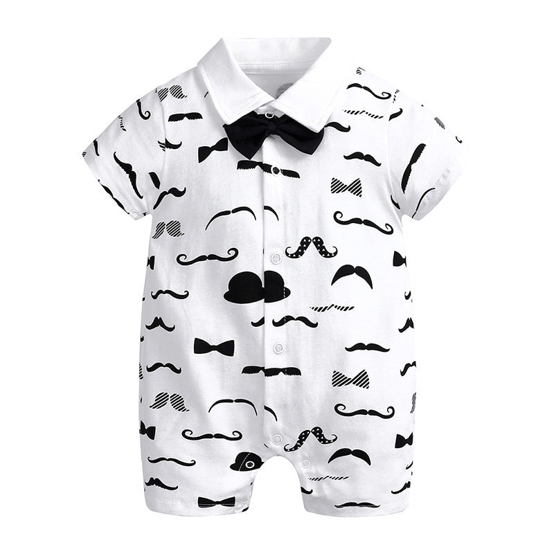 Baby gentleman romper featuring short sleeves, a collared design,