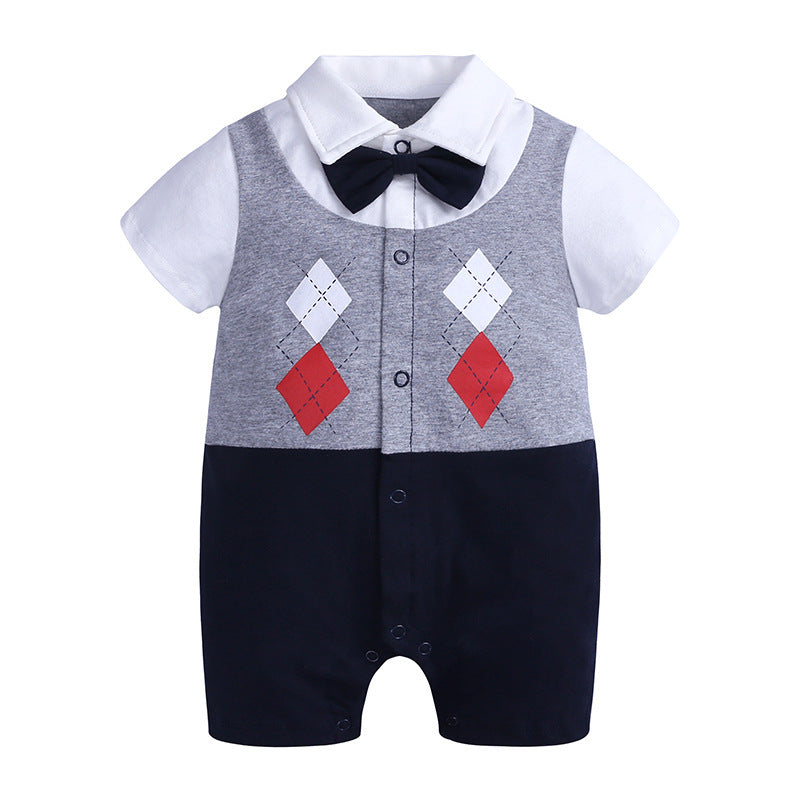 Baby gentleman romper featuring short sleeves, a collared design,