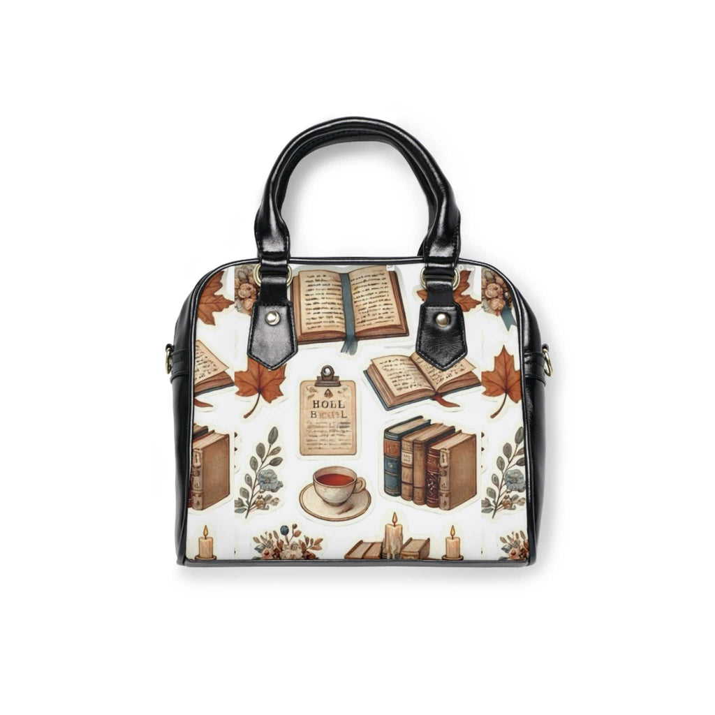 Personalized shoulder handbag with black handles and adjustable removable strap, featuring vintage book and autumn leaf print on PU leather