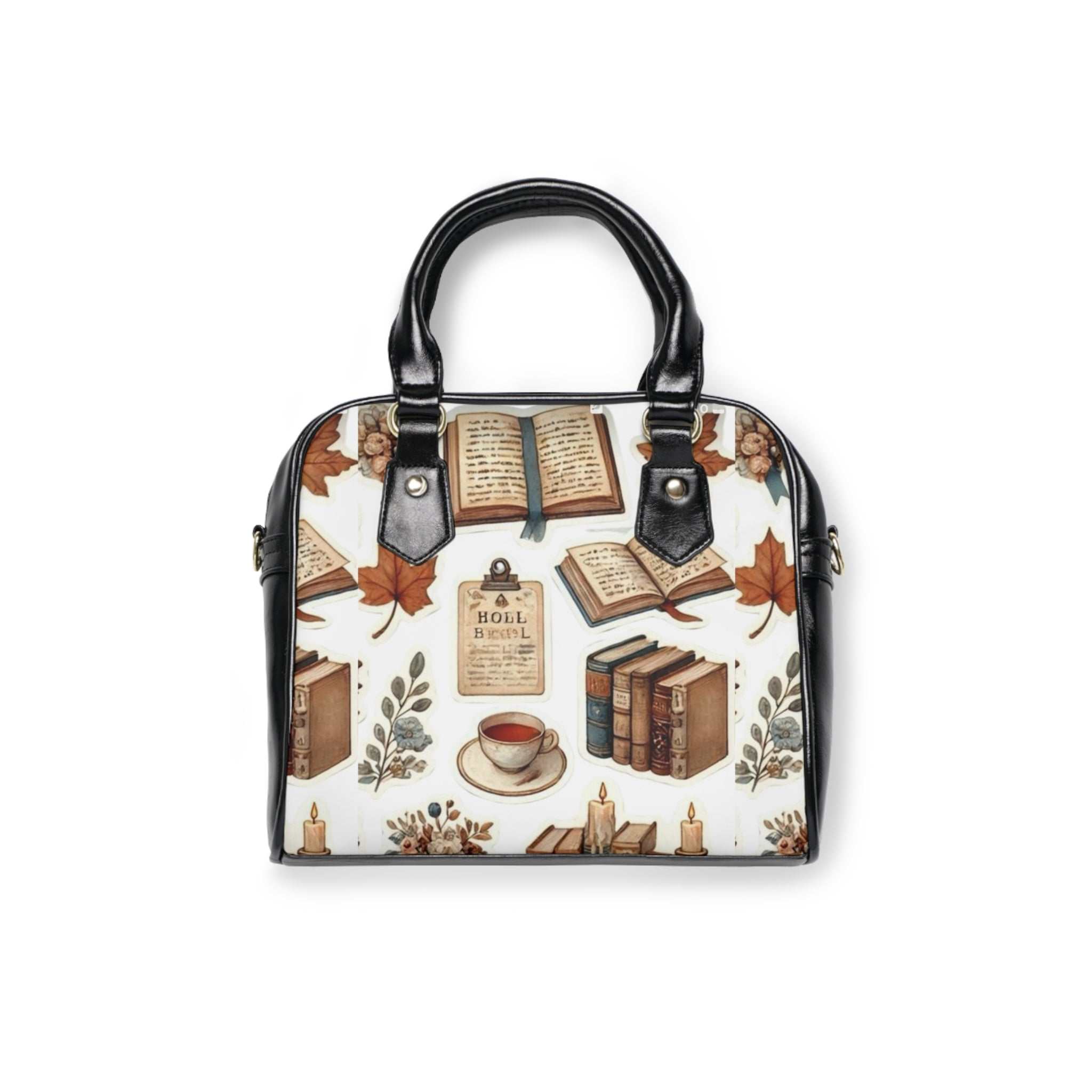 Personalized shoulder handbag with black handles and adjustable removable strap, featuring vintage book and autumn leaf print on PU leather