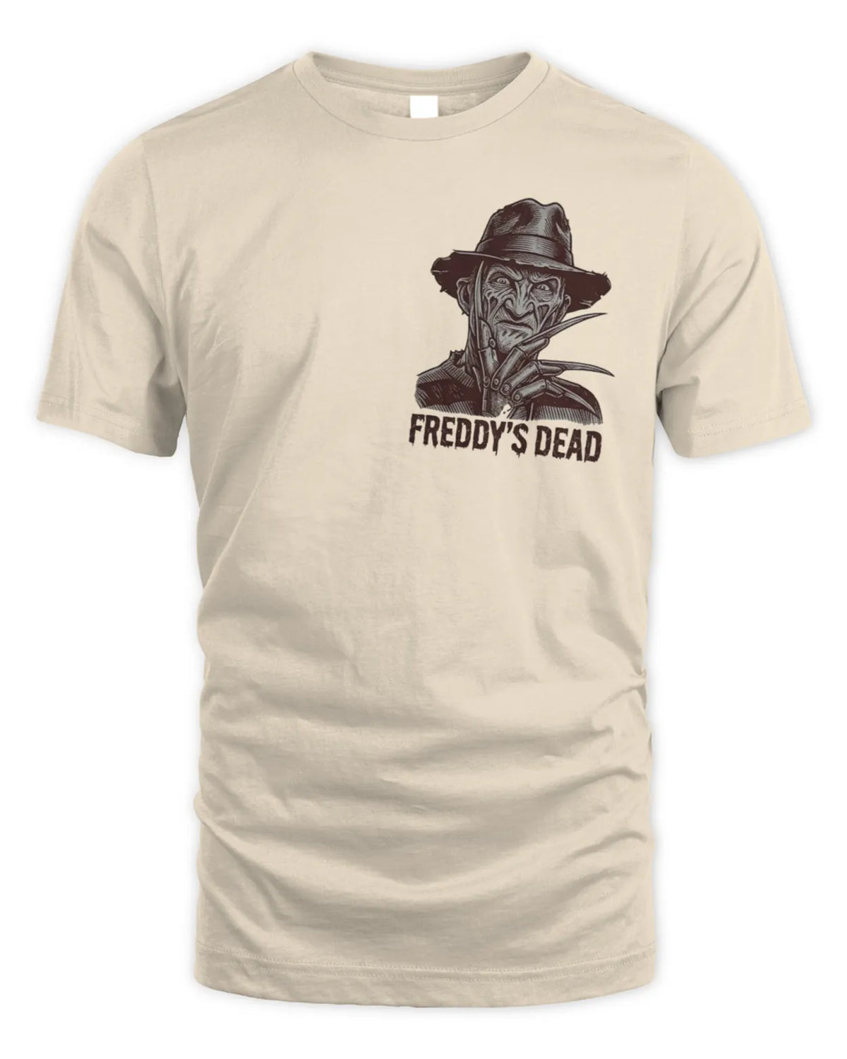 Freddy's Dead ink graphic tee shown from the front.