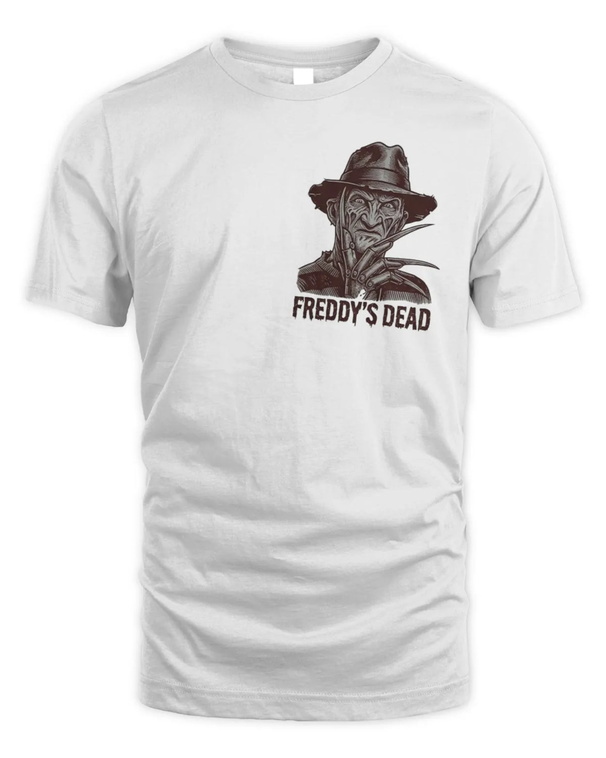 Freddy's Dead ink graphic tee shown from the front.