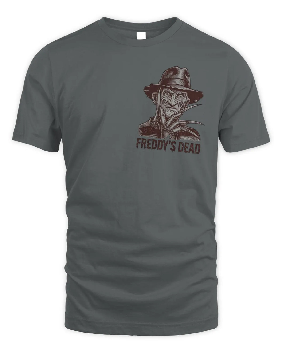 Freddy's Dead ink graphic tee shown from the front.