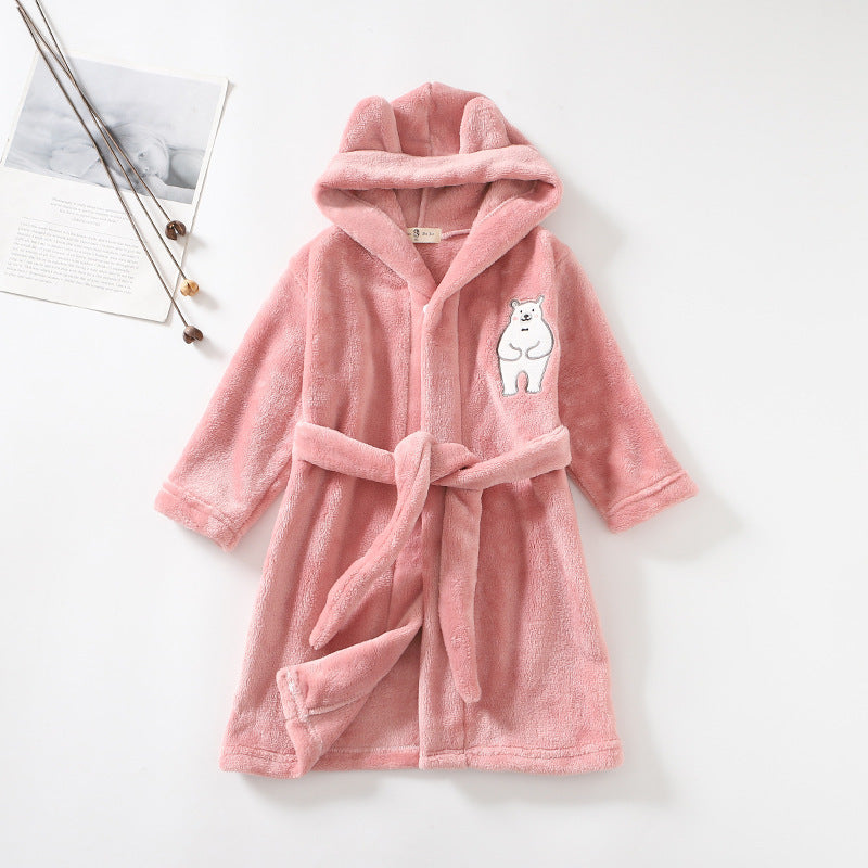 Kids flannel bathrobe in pink, gray, white, and beige with cute bear print and cozy hood.