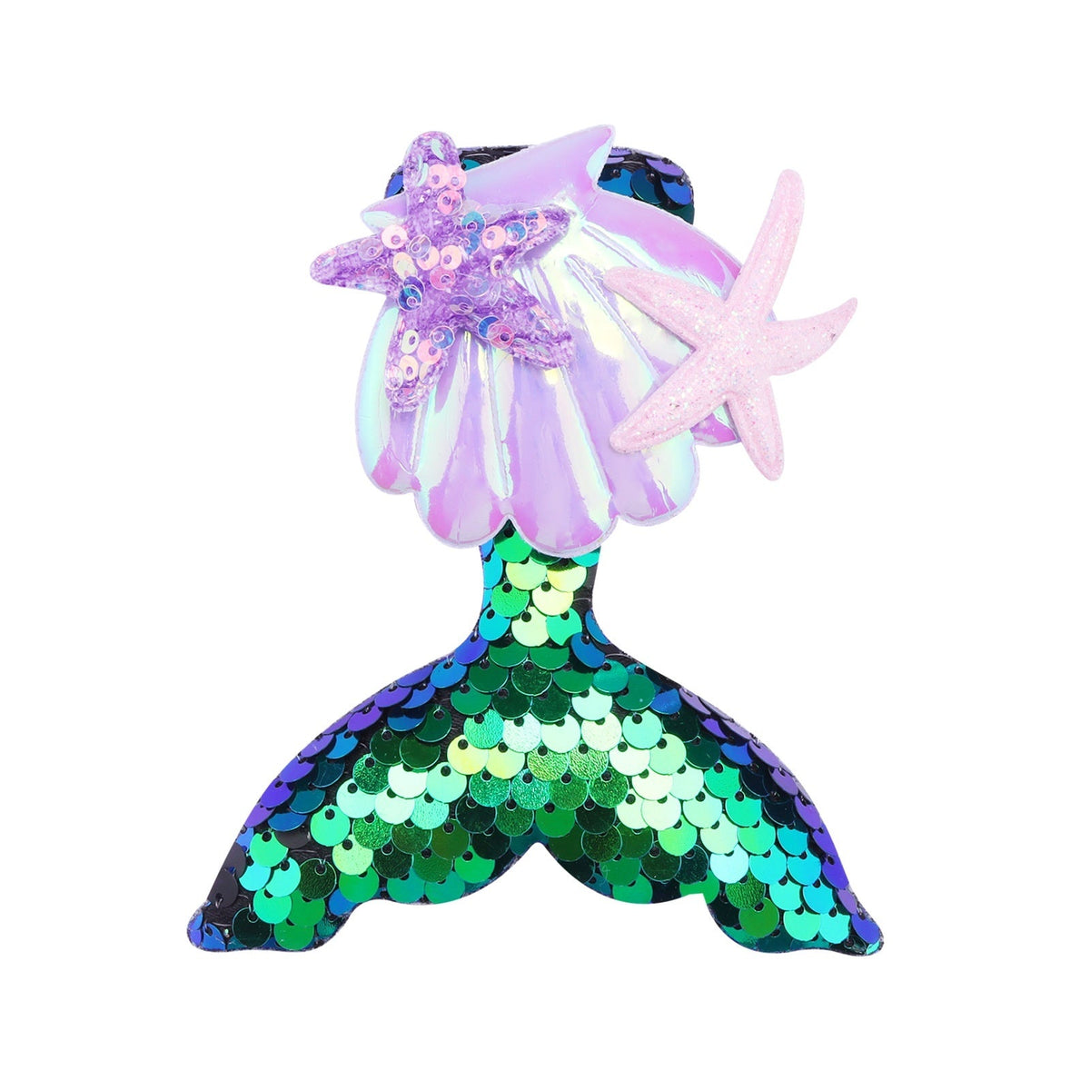 Colorful mermaid tail barrettes displayed on a table, featuring starfish designs and shimmering sequins for girls' hair.