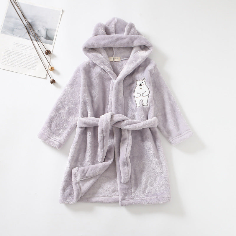 Kids flannel bathrobe in pink, gray, white, and beige with cute bear print and cozy hood.