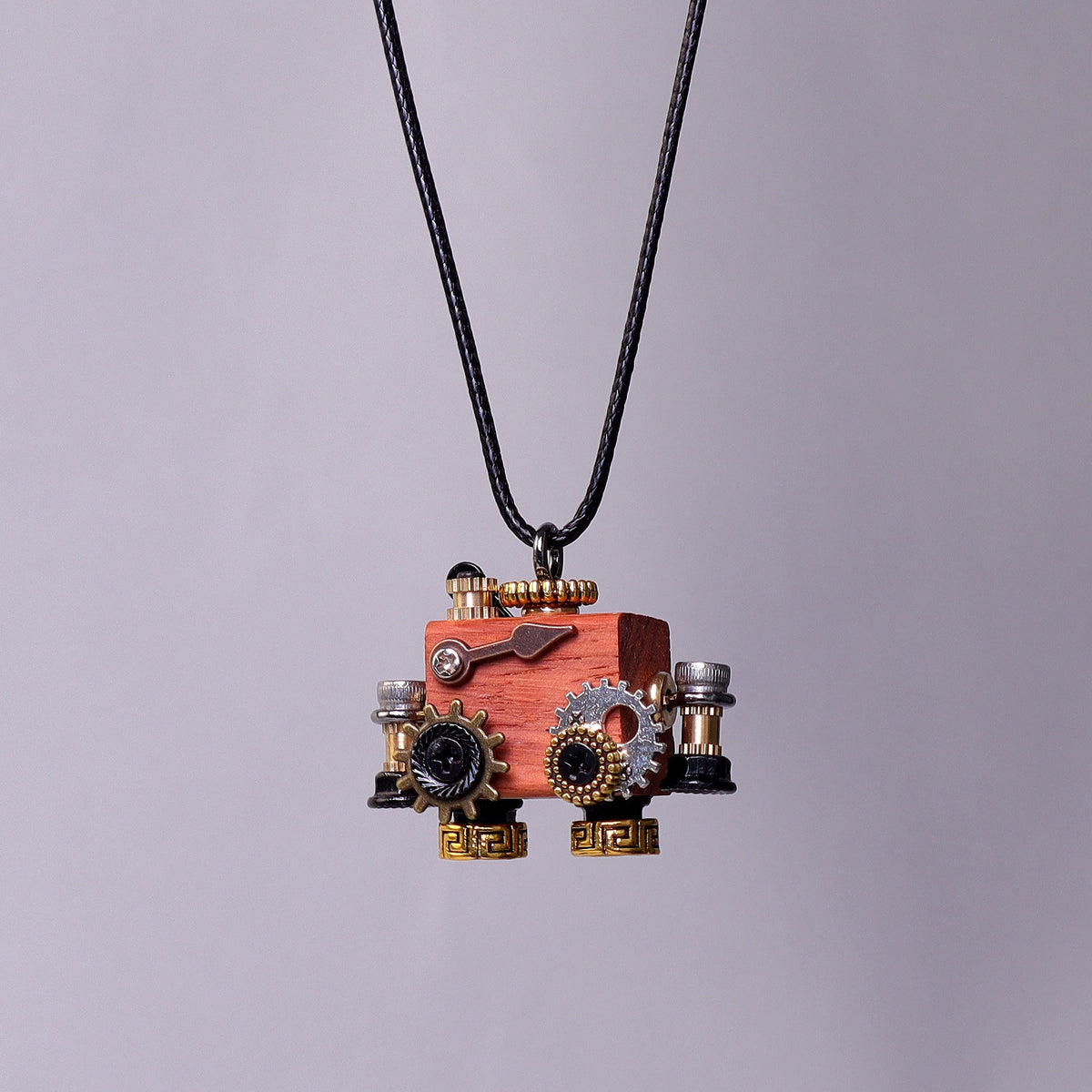 Handcrafted Wooden Bot necklace, keychain, and mini decor with unique wooden robot design