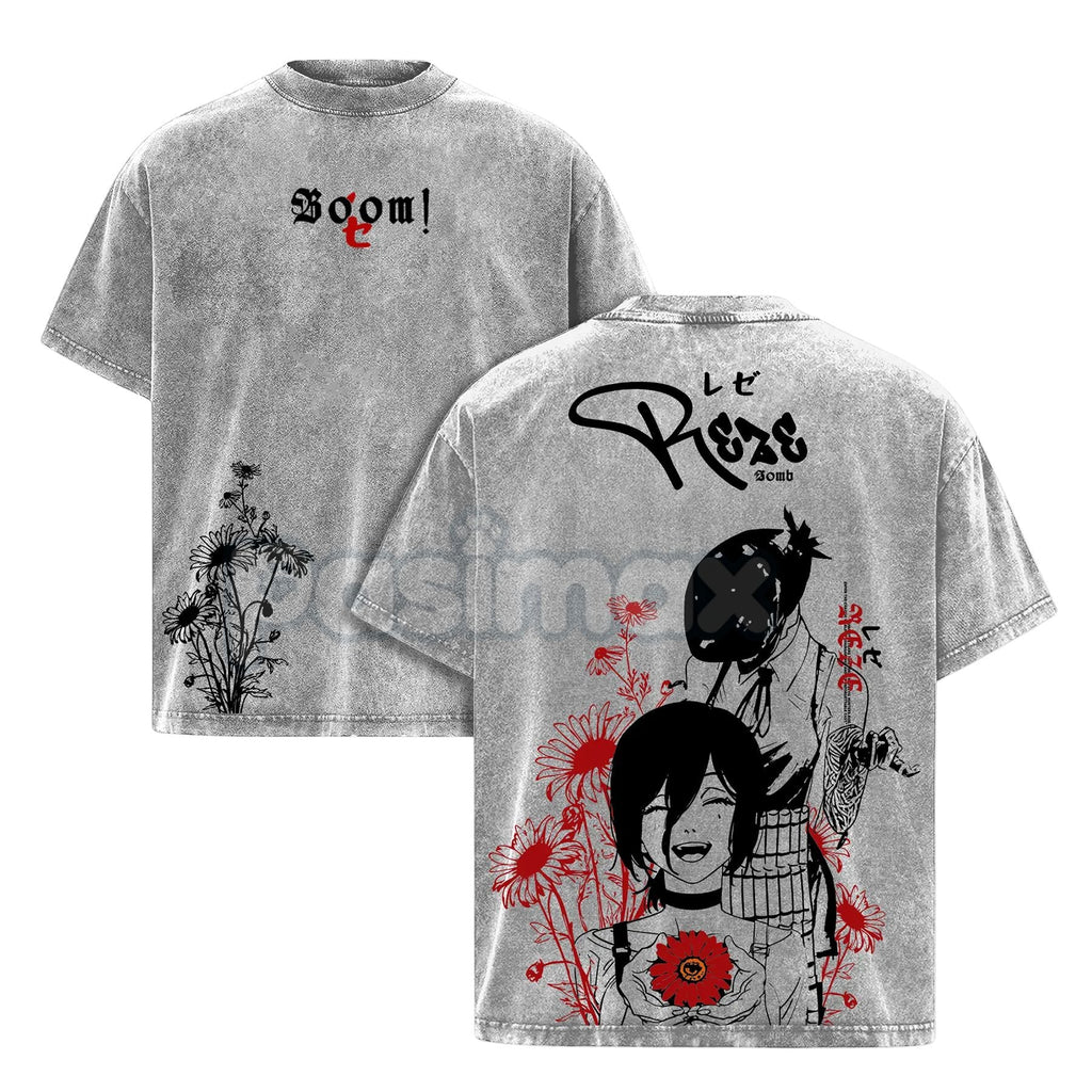 Reze Chainsaw Man T-Shirt – Vintage Washed Oversized Heavy Cotton Tee, Bomb Devil Graphic