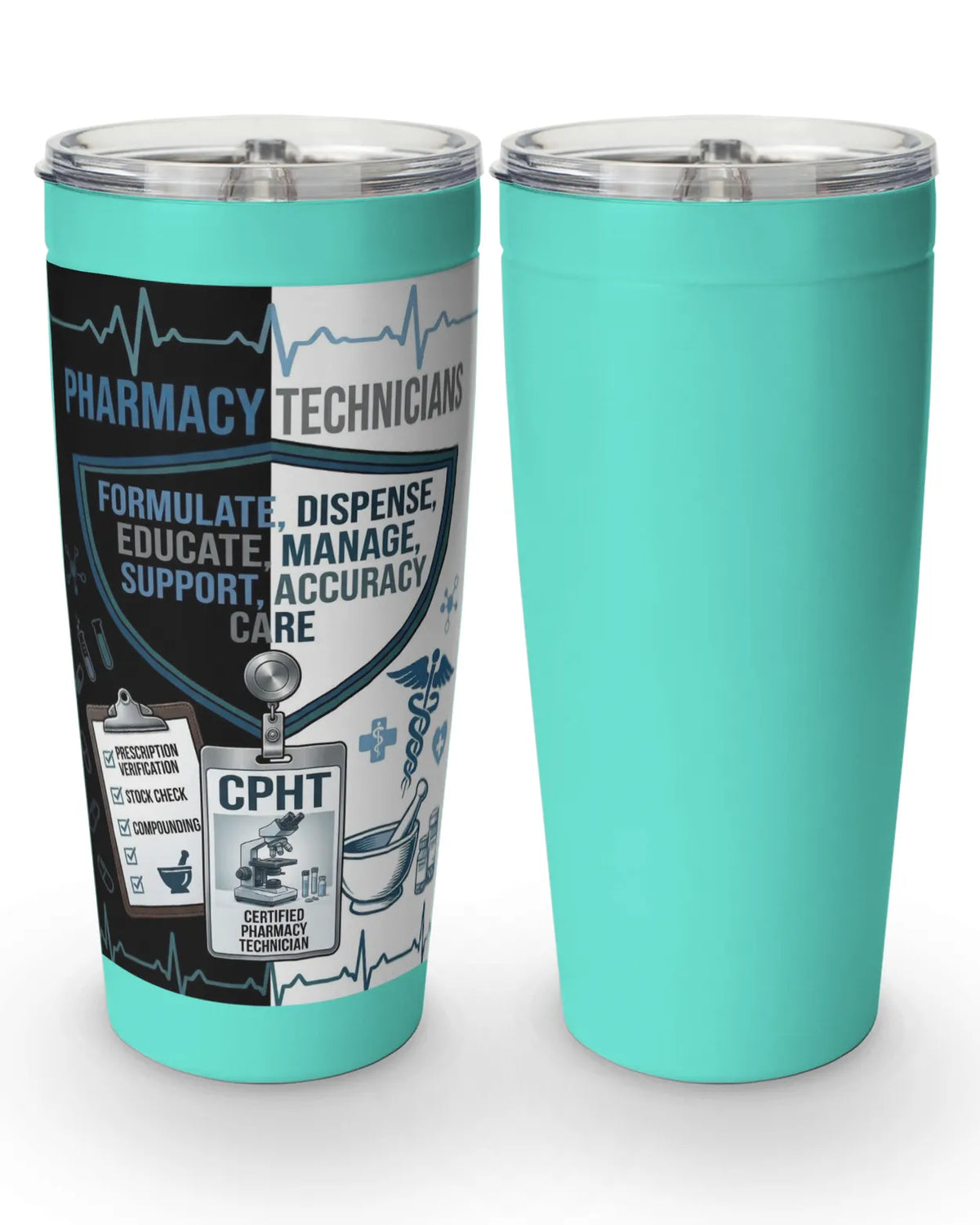 pharmacy tech tumbler 20oz on a kitchen counter, perfect gift for pharmacy technicians.