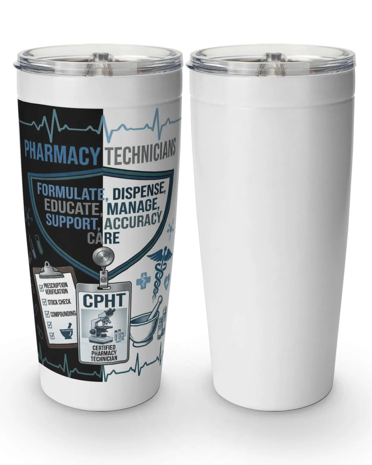 pharmacy tech tumbler 20oz on a kitchen counter, perfect gift for pharmacy technicians.