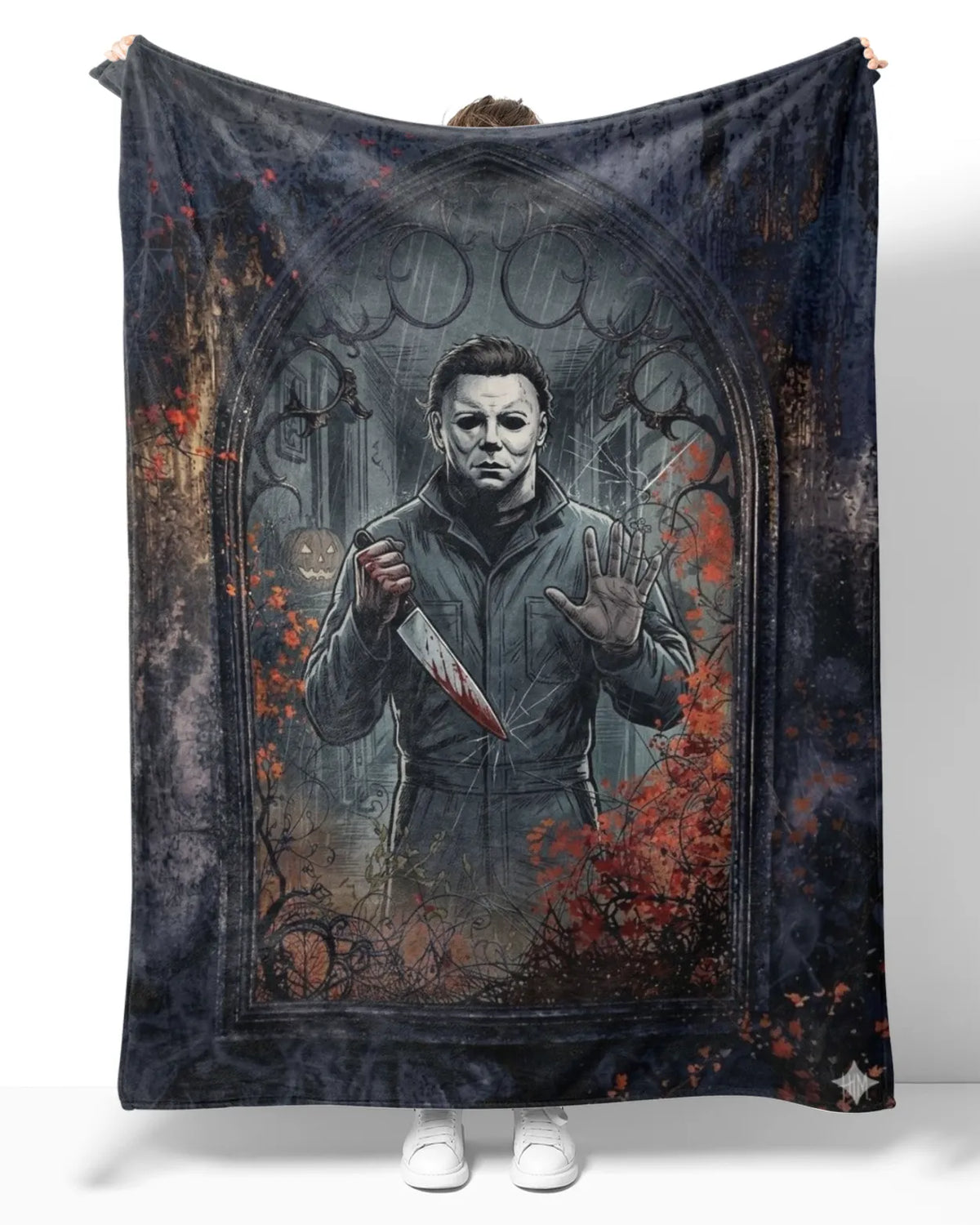 Funny Michael Myers blanket featuring a trapped design with the iconic character holding a knife.