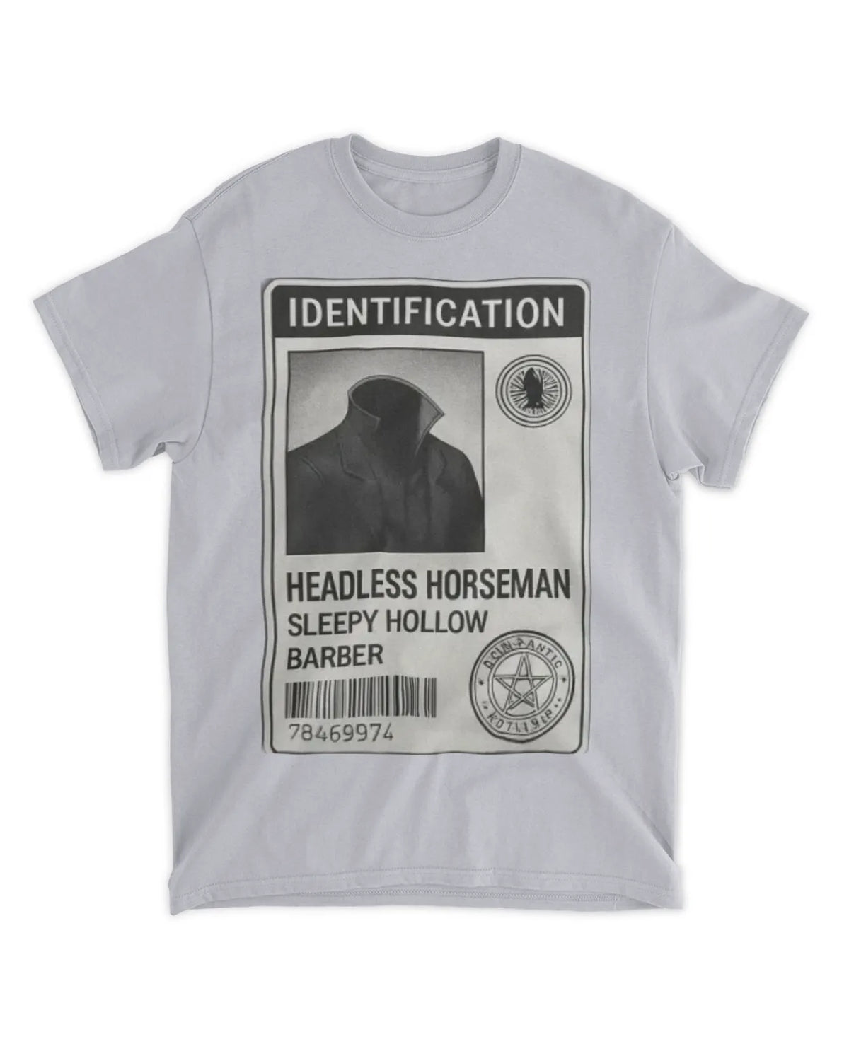 Headless Horseman Halloween T-Shirt showing a novelty ID design for costume enthusiasts.