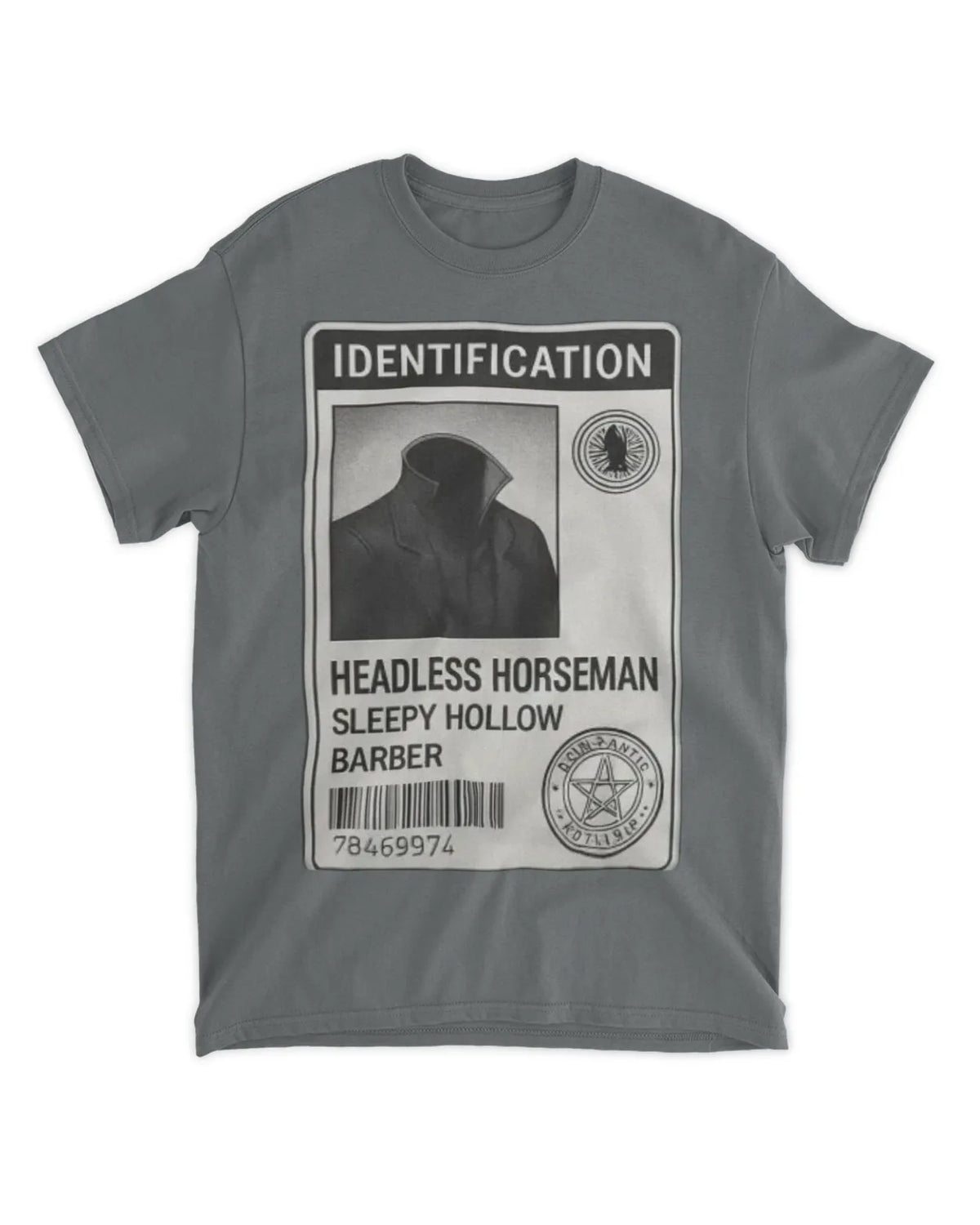 Headless Horseman Halloween T-Shirt showing a novelty ID design for costume enthusiasts.