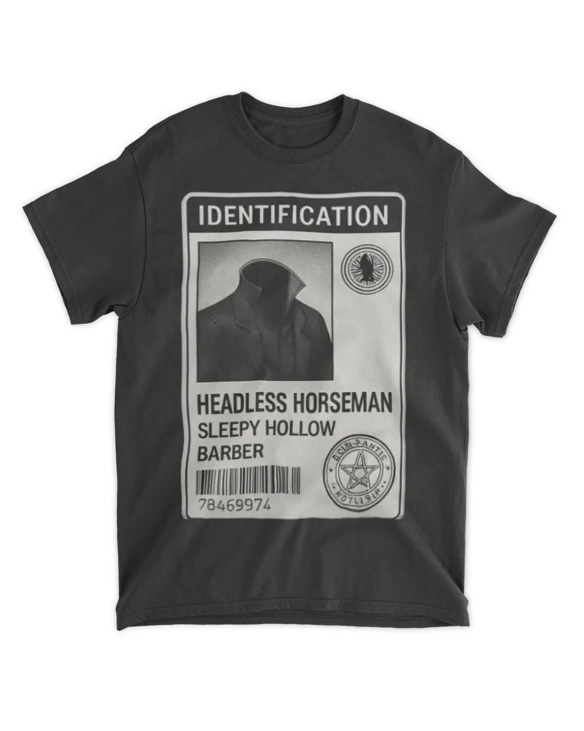 Headless Horseman Halloween T-Shirt showing a novelty ID design for costume enthusiasts.