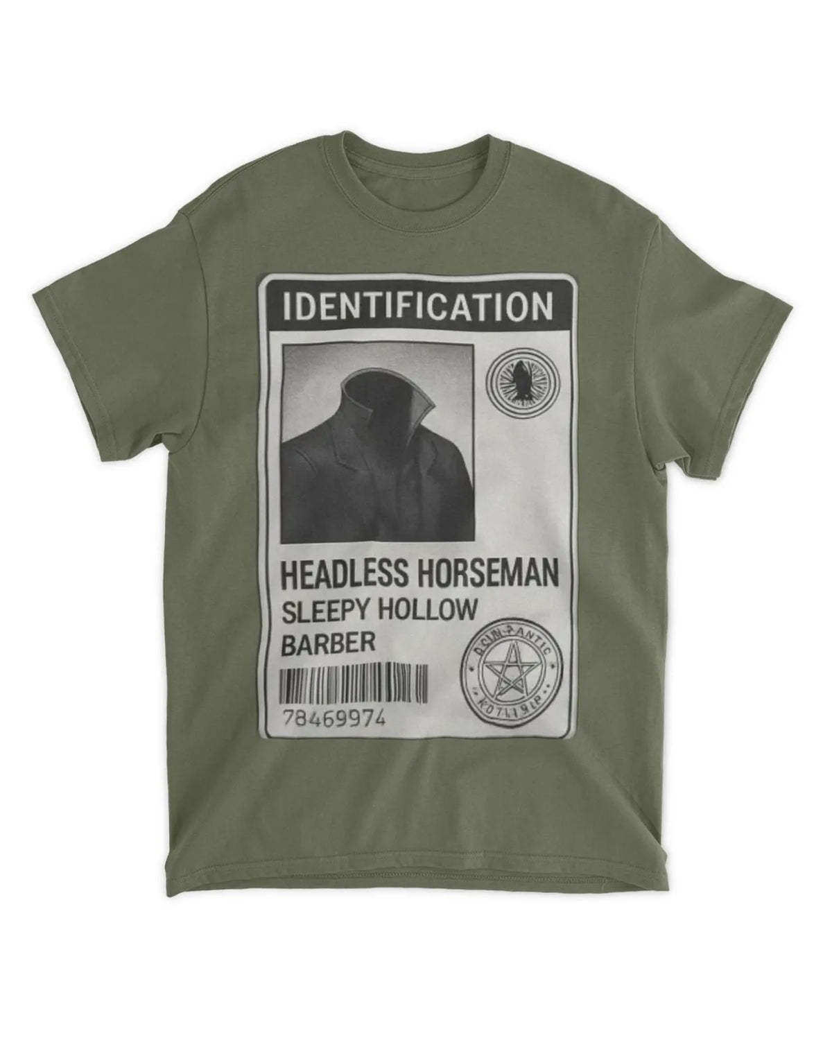 Headless Horseman Halloween T-Shirt showing a novelty ID design for costume enthusiasts.