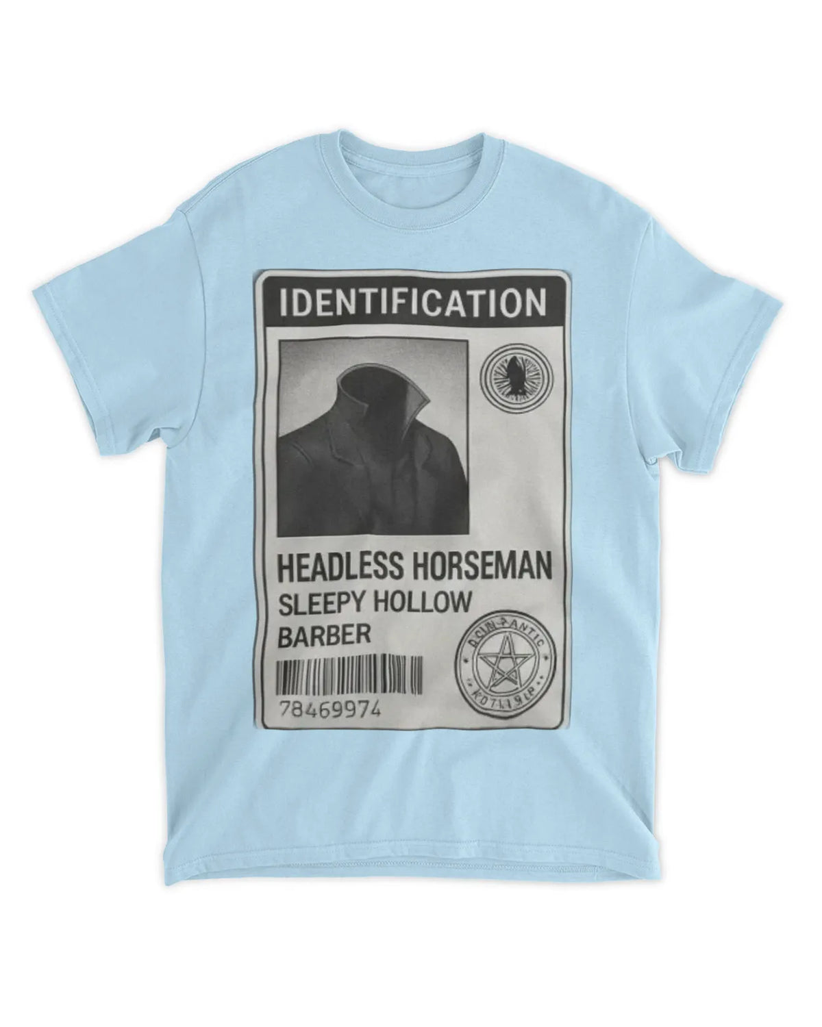 Headless Horseman Halloween T-Shirt showing a novelty ID design for costume enthusiasts.