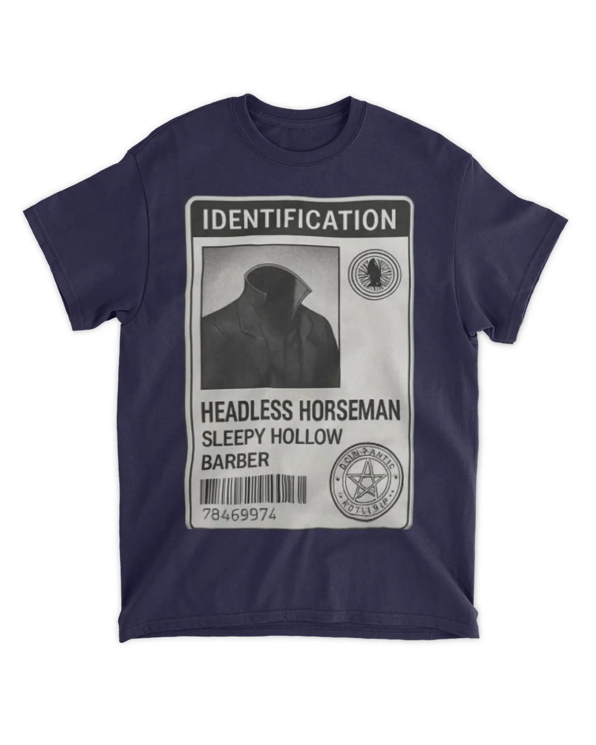 Headless Horseman Halloween T-Shirt showing a novelty ID design for costume enthusiasts.