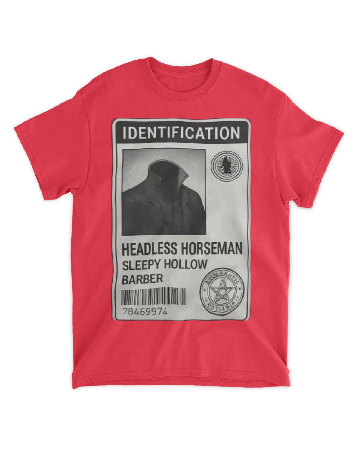 Headless Horseman Halloween T-Shirt showing a novelty ID design for costume enthusiasts.
