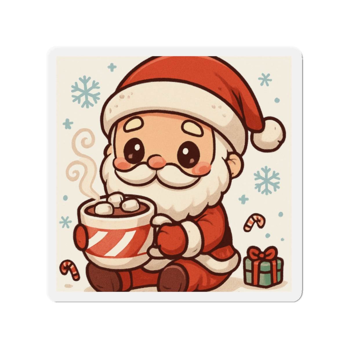 Cute Santa with Hot Cocoa die-cut holiday magnet with snowflakes and gift box design
