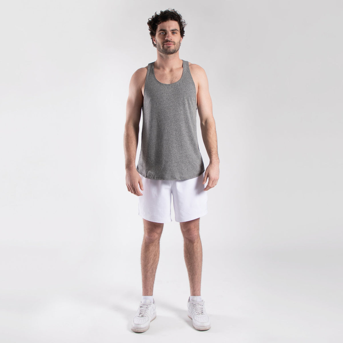 men's racerback tank top front and back view in gray color for gym and workout