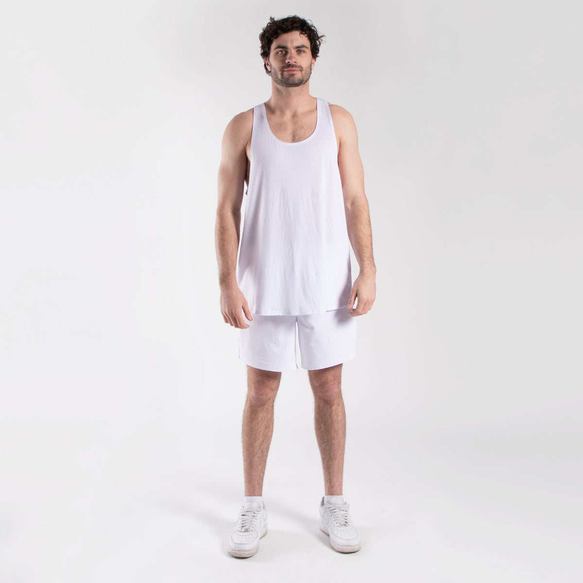 Men's racerback tank top in black, lightweight workout apparel for athletes and gym-goers