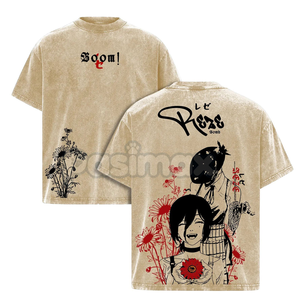 Reze Chainsaw Man T-Shirt – Vintage Washed Oversized Heavy Cotton Tee, Bomb Devil Graphic