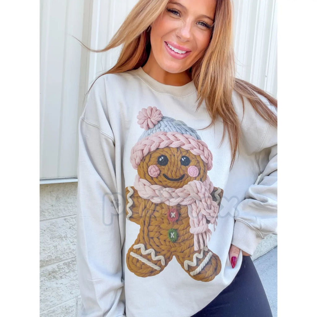 Cute Yarn Gingerbread Graphic Top | Faux-Stitch Christmas Cookie Sweater | Cozy Holiday Apparel