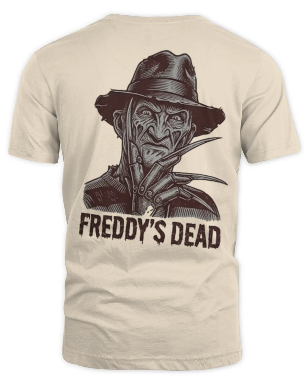 Freddy's Dead ink graphic tee shown from the front.