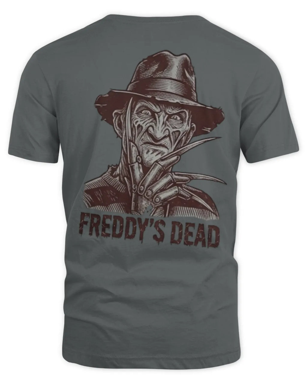 Freddy's Dead ink graphic tee shown from the front.