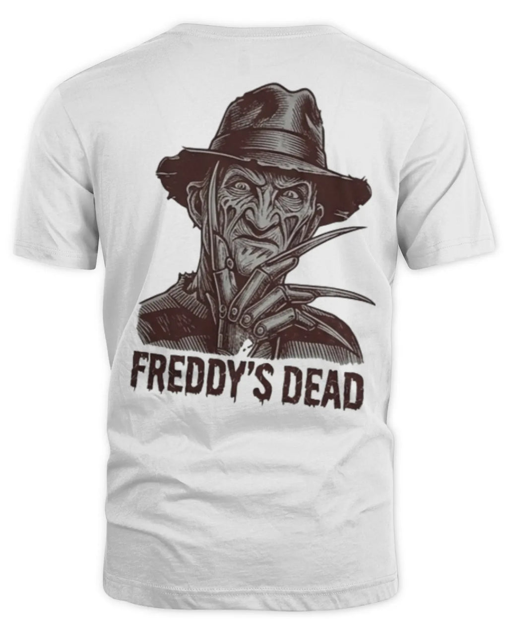 Freddy's Dead ink graphic tee shown from the front.