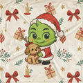 Grinch in Santa hat hugging a puppy on a festive velveteen plush blanket with holiday gift and bow pattern