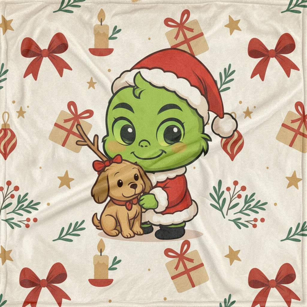 Grinch in Santa hat hugging a puppy on a festive velveteen plush blanket with holiday gift and bow pattern