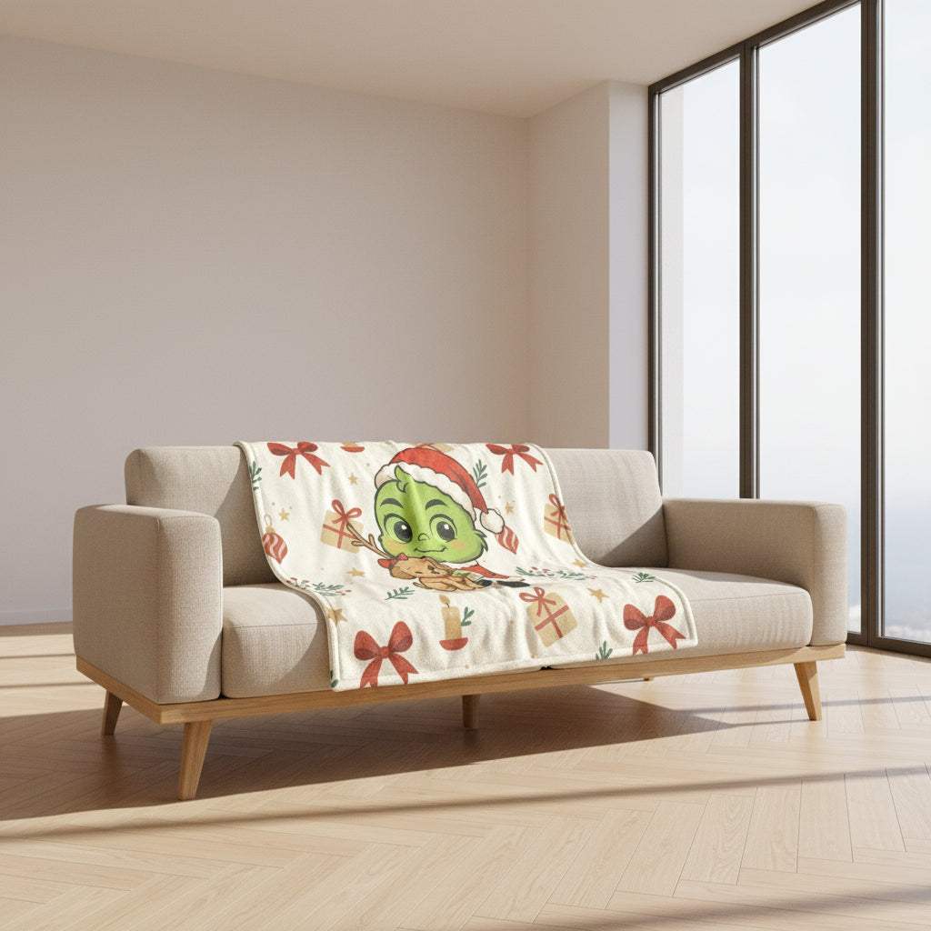 Grinch & Puppy Velveteen Plush Blanket with Grinch in Santa hat and puppy on beige sofa in bright room