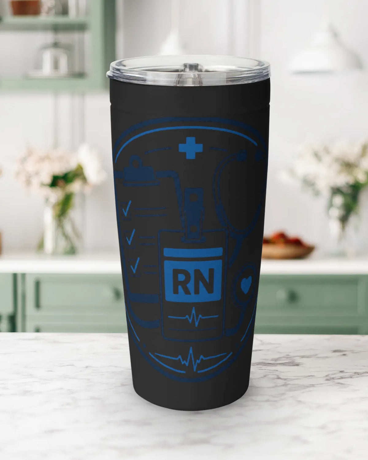 RN tumbler 20 oz featuring RN badge, stethoscope, and clipboard graphics on a white stainless steel design.