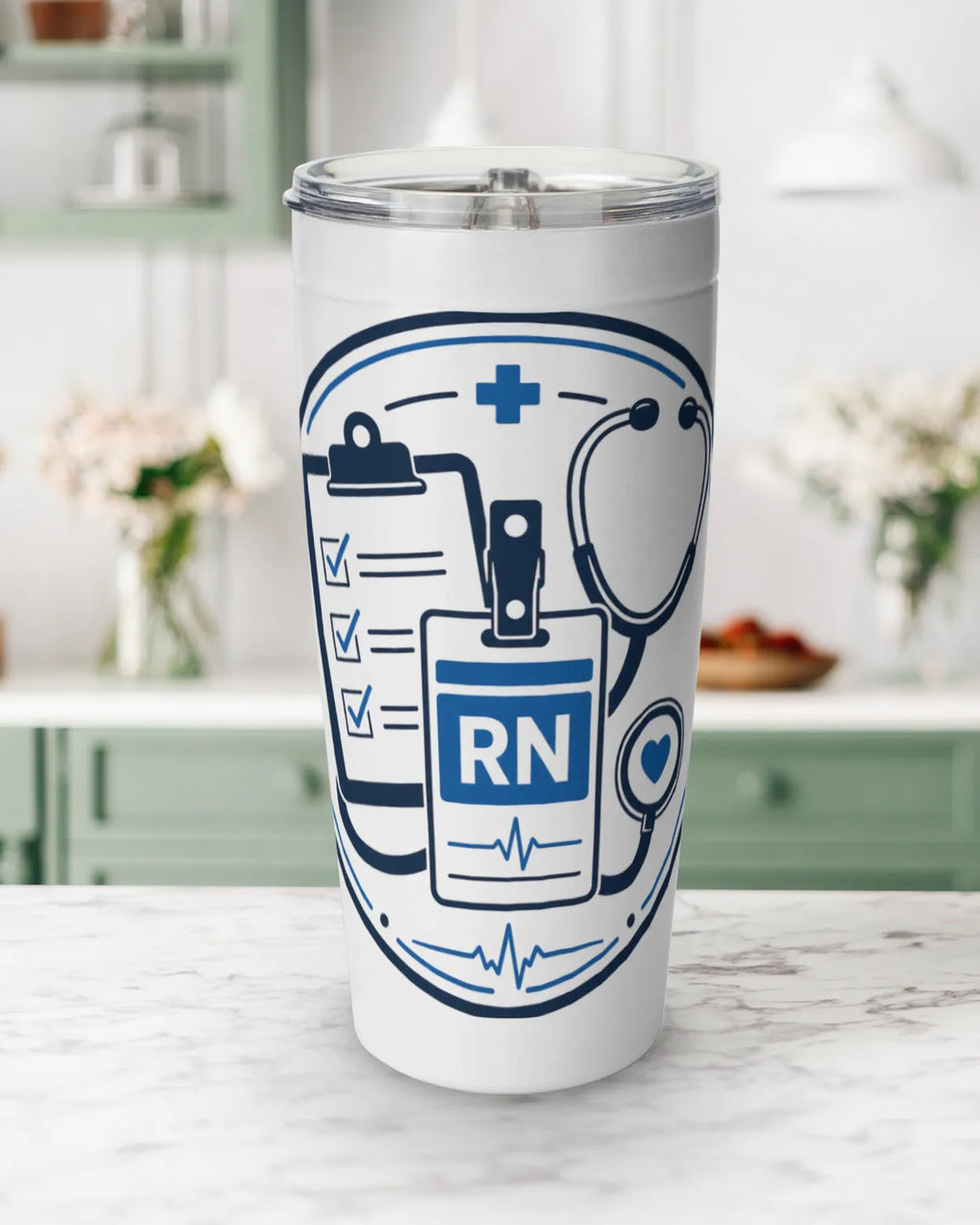 RN tumbler 20 oz featuring RN badge, stethoscope, and clipboard graphics on a white stainless steel design.