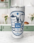 RN tumbler 20 oz featuring RN badge, stethoscope, and clipboard graphics on a white stainless steel design.