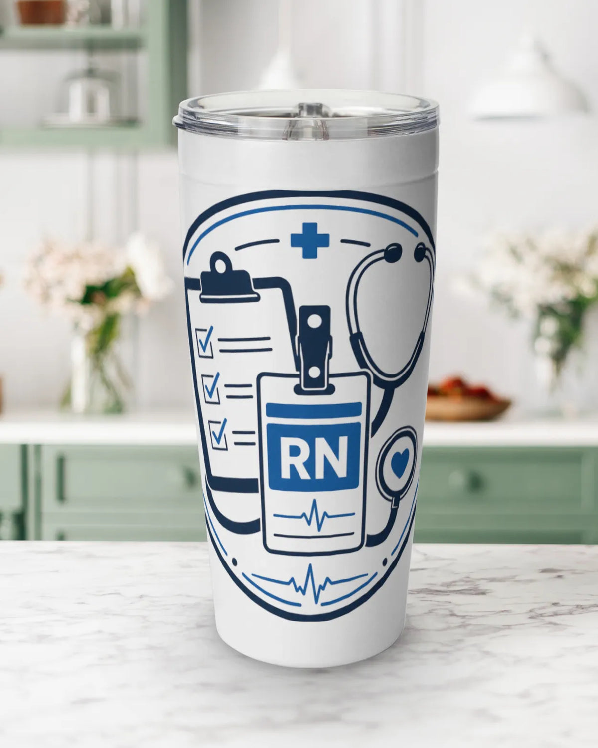 RN tumbler 20 oz featuring RN badge, stethoscope, and clipboard graphics on a white stainless steel design.