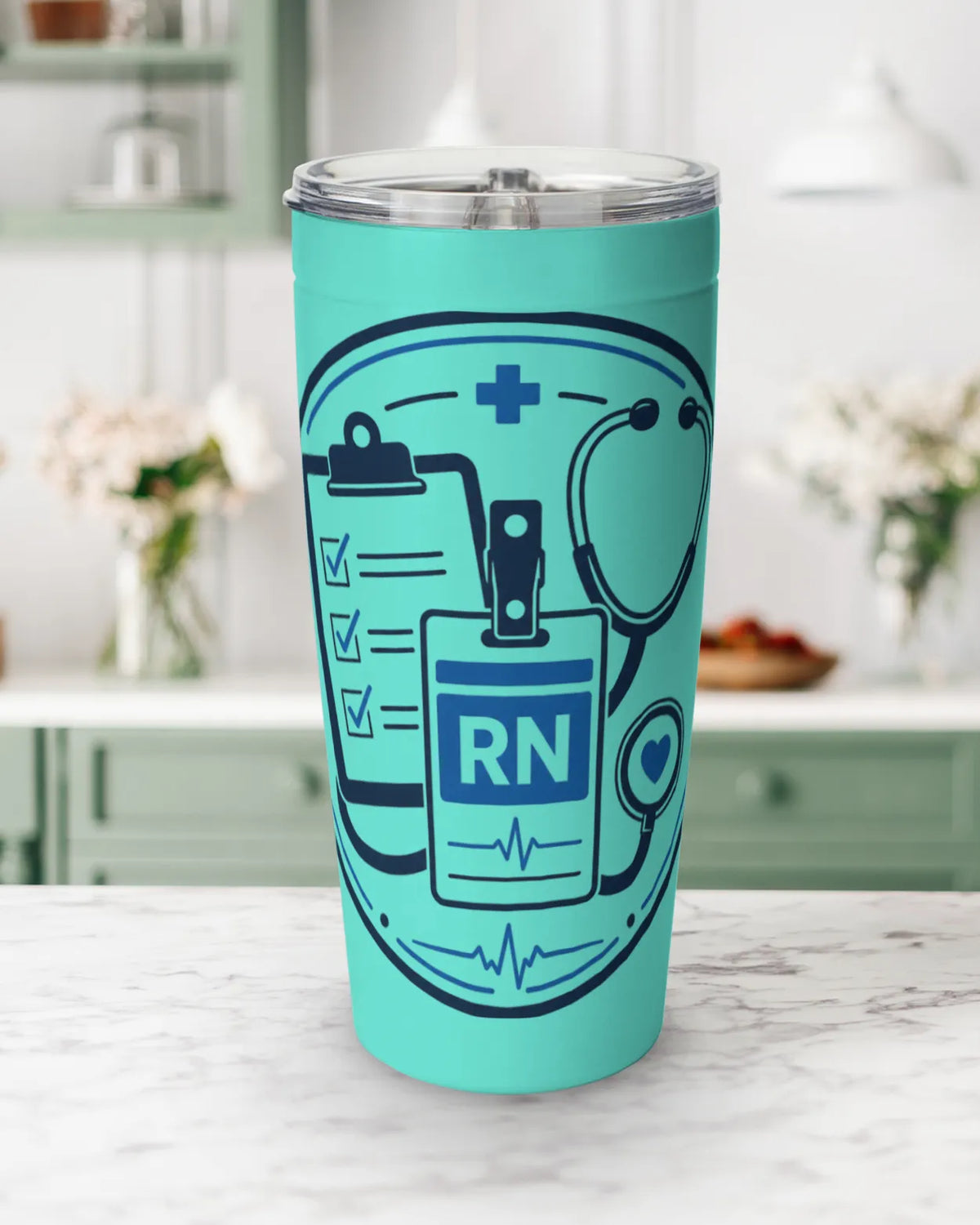 RN tumbler 20 oz featuring RN badge, stethoscope, and clipboard graphics on a white stainless steel design.