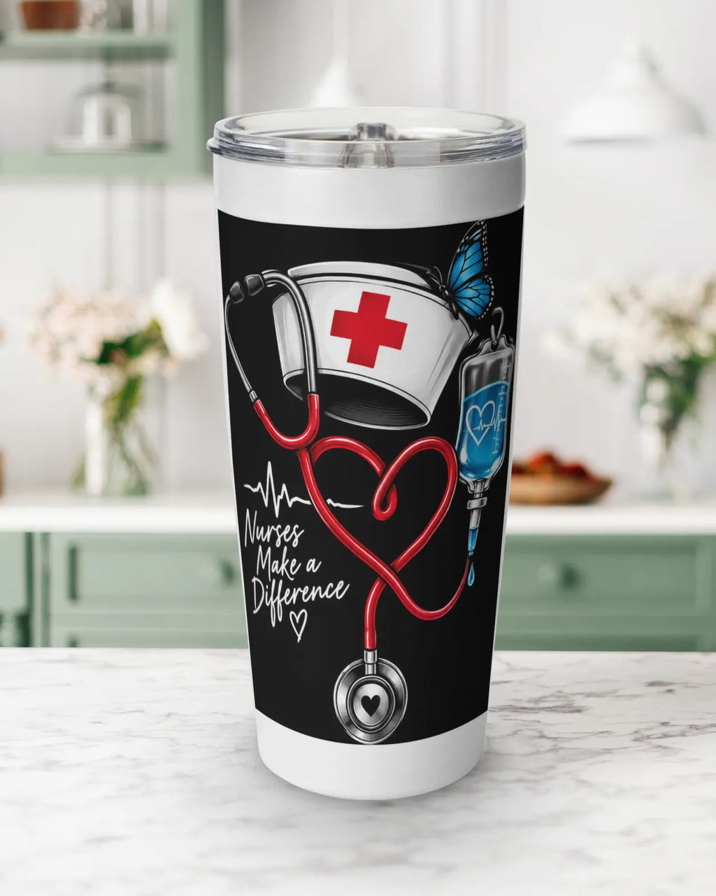 20 oz stainless steel tumbler with red stethoscope heart and nurse cap Nurses Make a Difference design.
