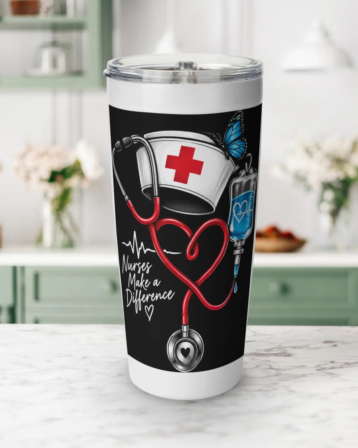 20 oz stainless steel tumbler with red stethoscope heart and nurse cap Nurses Make a Difference design.